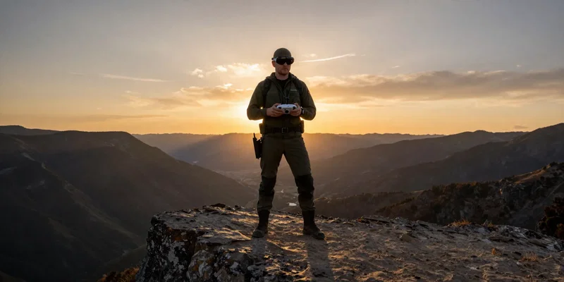 Drone pilot standing on a rugged cliff edge at sunset, wearing FPV goggles, holding a radio controller, dramatic lighting, sweeping mountain valley below, photorealistic, cinematic lighting --ar 16:9