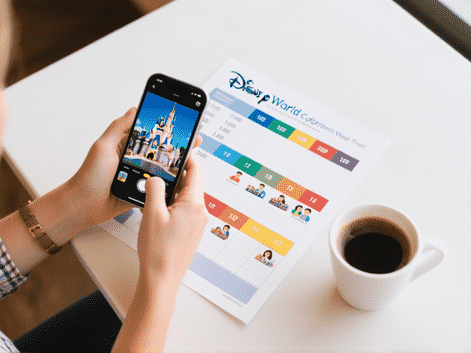 overhead view of an organized person's hands holding a smartphone and a printed color-coded schedule for a Disney World trip. The schedule shows time blocks, rides, and initials of family members. A coffee cup sits nearby. Clean, focused, productive aesthetic. --ar 16:9