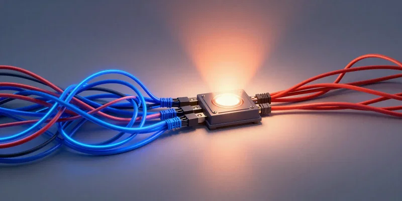 A symbolic split image. Left side: a tangled mess of blue and red wires glowing. Right side: the same wires, neatly organized and plugged into a central hub emitting a soft, warm orange light. Digital illustration, clean lines.