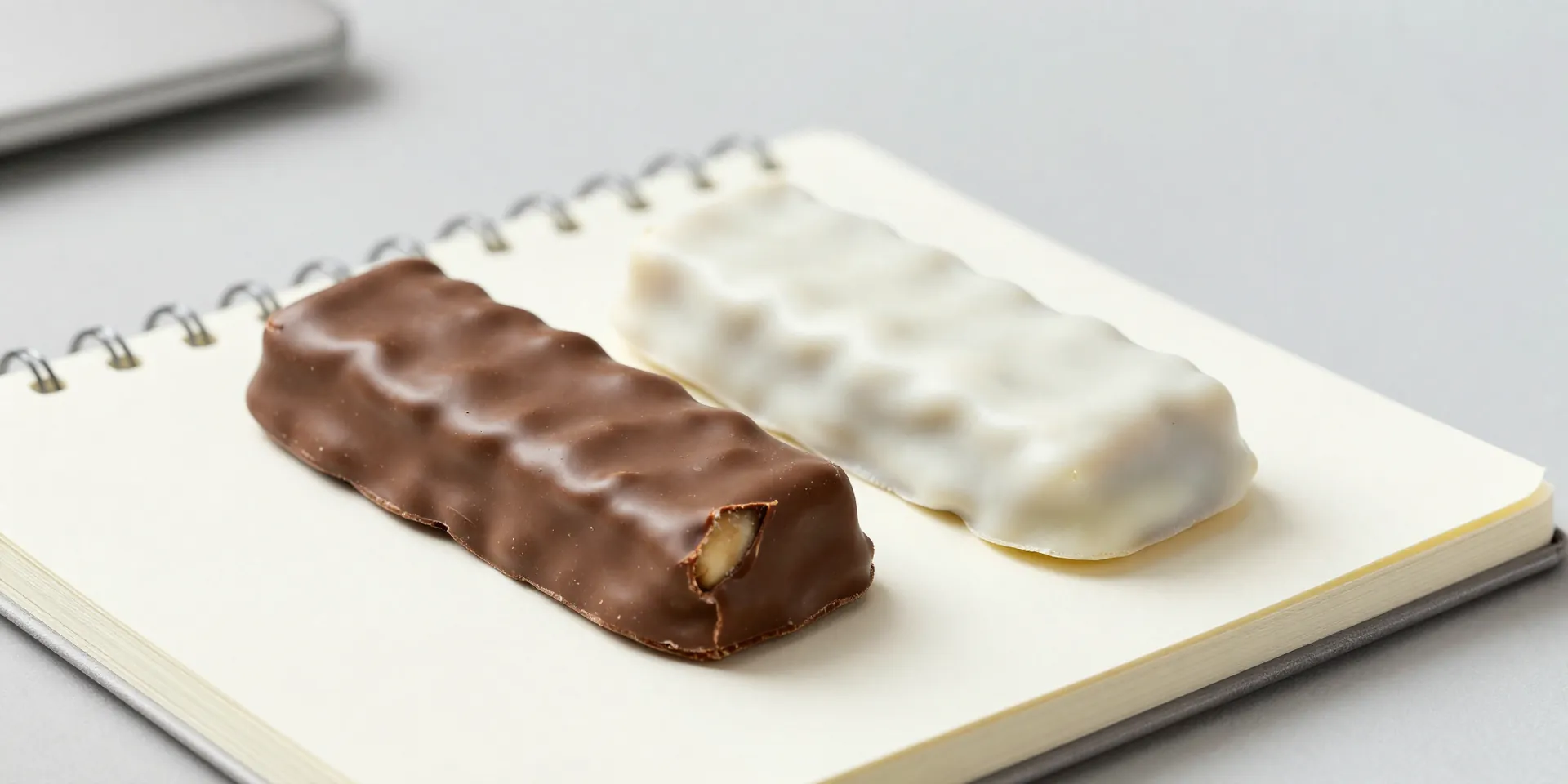 Two unwrapped keto protein bars on a clean, minimalist desk notebook. One bar is chocolate brown with visible almond chunks