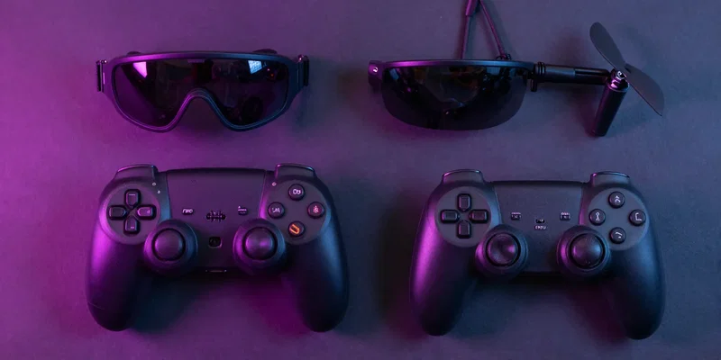 Top-down flatlay of a gamepad-style FPV controller next to FPV goggles and a 5-inch freestyle drone, neon cyberpunk lighting, high contrast, sharp focus --ar 16:9