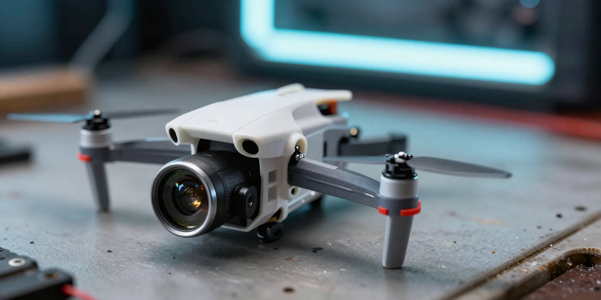 Macro photography of a tiny budget FPV drone camera with a plastic housing, sitting on a messy soldering workbench with loose wires, neon workbench lighting, photorealistic, 8k resolution --ar 16:9
