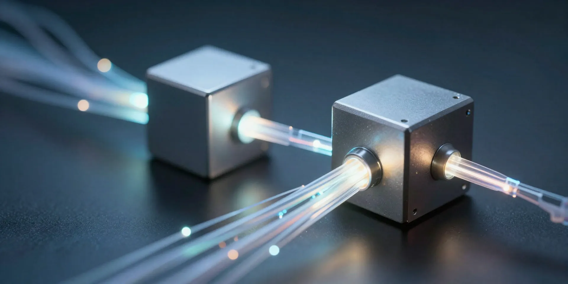 Midjourney Prompt: Glowing fiber optic cables connecting two metallic cubes, representing data transfer, macro photography, depth of field, neon lighting, tech abstract --ar 16:9