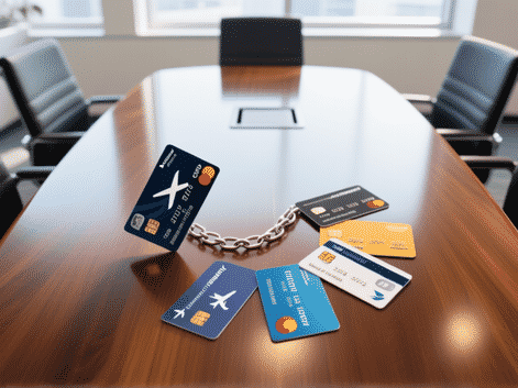 Five different airline loyalty cards fanned out in a perfect chain reaction on a polished wooden conference table. The first