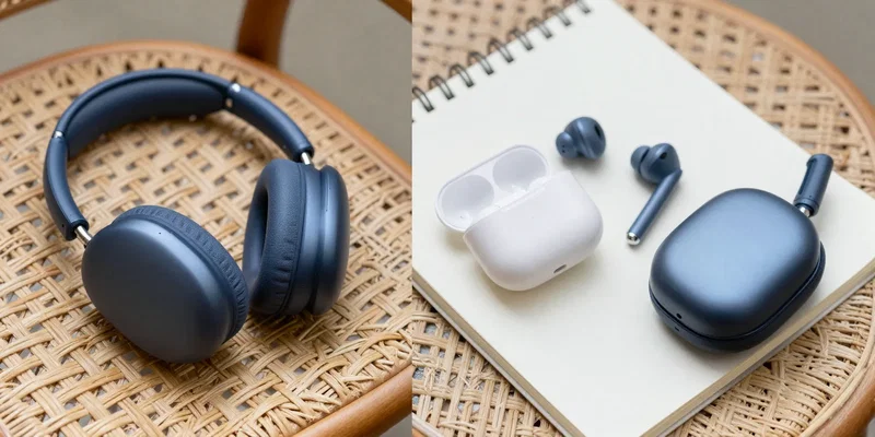 Split-screen image. Left side: sleek over-ear headphones in muted navy blue, folded compactly into a stylish hard case on a woven cafe chair. Right side: minimalist true wireless earbuds in a charging case, resting on a Moleskine notebook. Clean, aspirational, lifestyle photography.