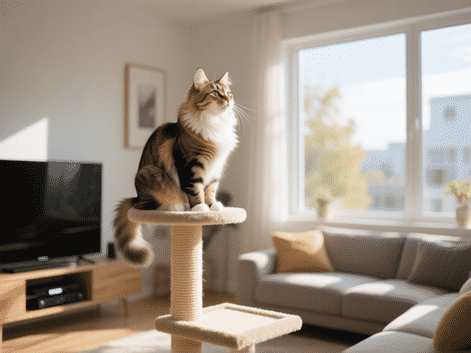 A contented cat perched on a high platform of a media console cat tree, looking out a window, sunny modern living room