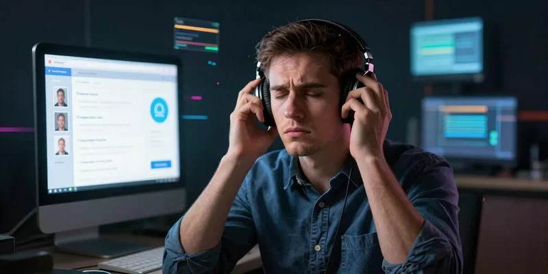 AI Image Prompt: Midjourney. An engineer wearing headphones, eyes closed, deeply imagining the frustration of an end-user struggling with a confusing app interface. Surreal, dreamlike visualization of user pain points as abstract digital glitches and obstacles around them. Moody, conceptual, dark background with vibrant error-style highlights.