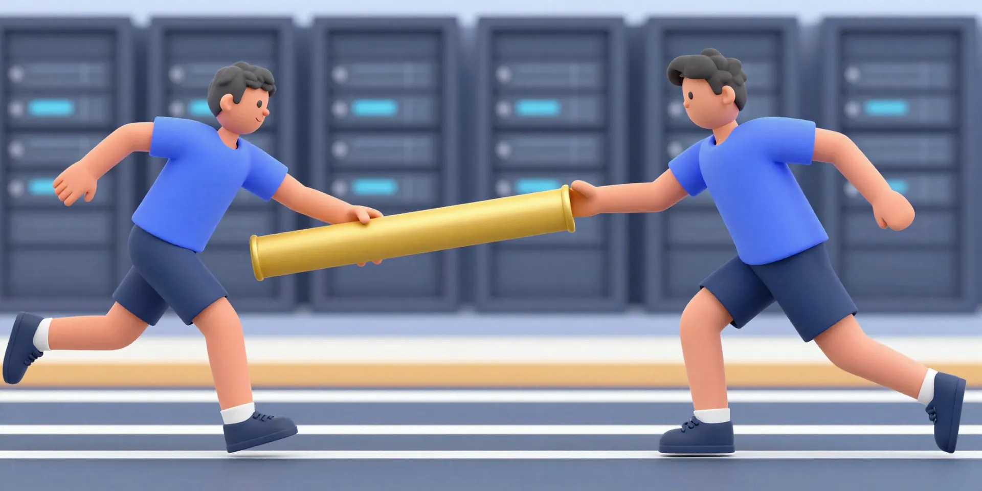 Infographic-style 3D illustration. metaphorical visual of a golden baton being passed smoothly from one runner's hand