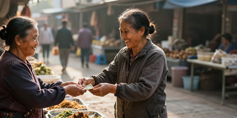 Midjourney Prompt: Warm, candid street photography of a lone traveler smiling and exchanging cash with a street food vendor, an older woman with a kind face. Interaction feels genuine and friendly. Golden hour sunlight, shallow depth of field blurring the market behind them. Photographic, human moment. --style raw --ar 3:2