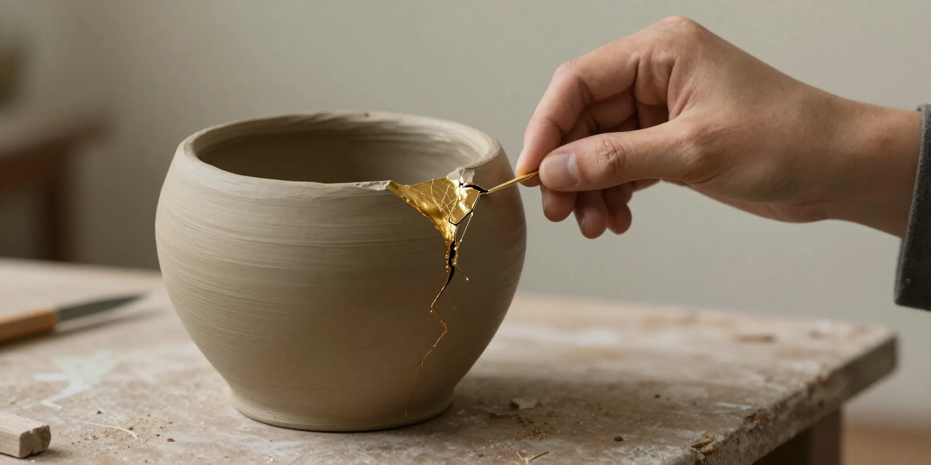 Visual metaphor. A rough, unfinished clay pot sits on a workshop bench. A hand is gently applying a strand of liquid gold