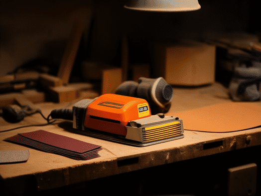 A well-organized, slightly worn DIY workbench. A random orbital sander sits in the foreground, with a progression