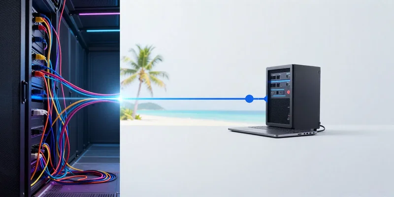 Midjourney prompt: A visually stunning, conceptual split-screen image. Left side: a tangled mess of colorful network cables in a dark server room. Right side: a clean, simple line of light connecting a laptop in a bright tropical villa to a server icon. Cyberpunk aesthetic, neon highlights.