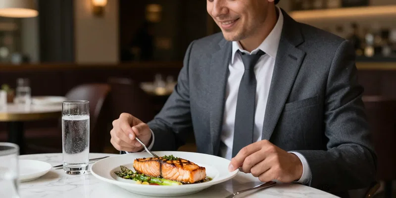 Midjourney prompt: A well-dressed business person at a upscale restaurant, smiling and talking, with a plate of grilled salmon and asparagus in front of them, a glass of sparkling water, ambient restaurant lighting, professional photography style