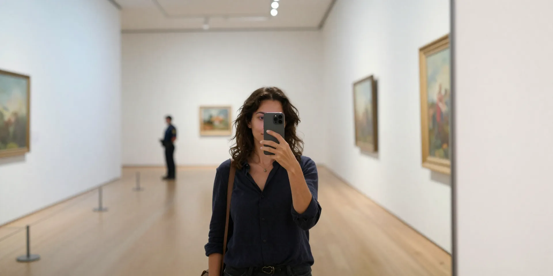 A woman taking a selfie in a well-lit, modern art museum gallery, with a security guard subtly visible in the background. Clean lines, architectural setting, safe and public atmosphere --ar 16:9
