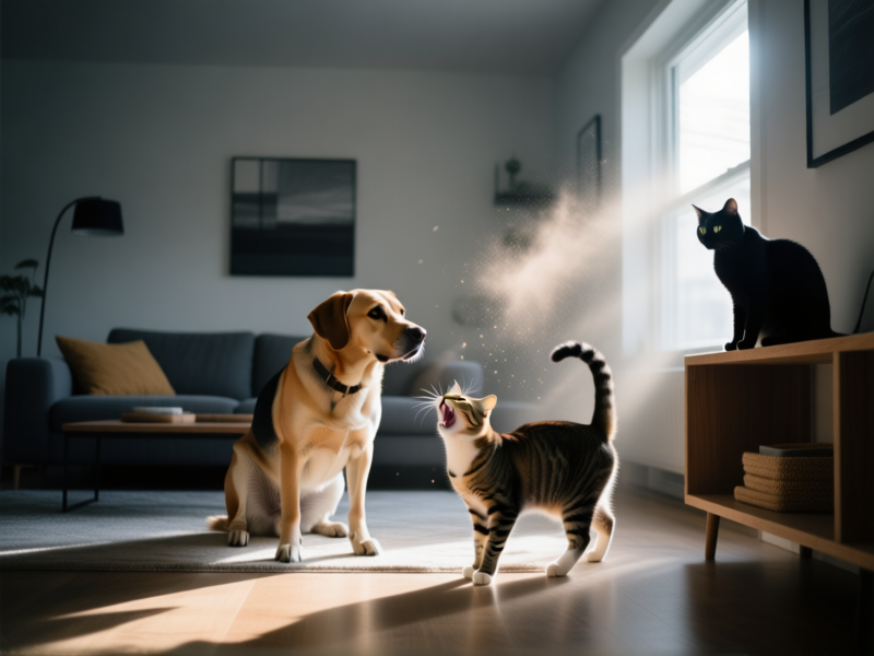 Hyperrealistic photo, wide-angle lens, inside a modern living room with a medium-sized dog and two cats in various postures. The dog looks alert, one cat is arched and hissing, the other is frozen on a shelf. Sunlight streams in, illuminating dust particles. Moody, tense atmosphere. Shot on a 35mm film camera, slight grain. --ar 16:9 --style raw