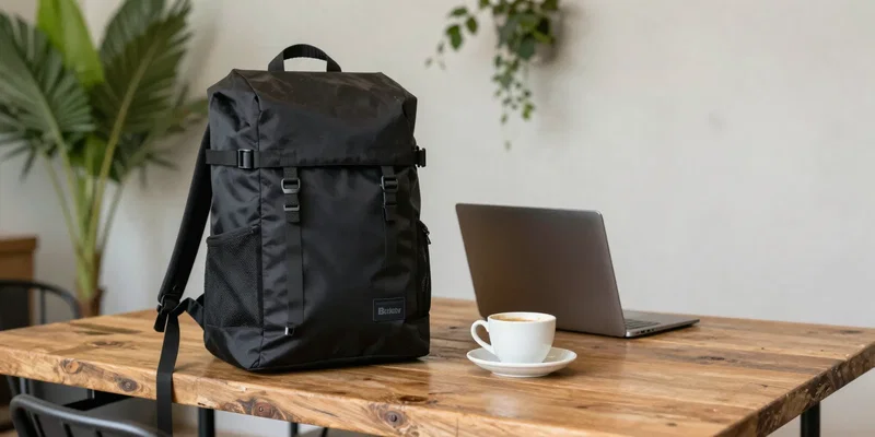 a stylish, minimalist black Bellroy Transit Backpack placed on a rustic wooden table next to a ceramic coffee cup and a MacBook, a tropical plant in the background, setting is a chic cafe in Mexico City, soft natural light, clean aesthetic, highly detailed