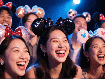 Close-up of a diverse group of people laughing, all wearing personalized, stylish Disney ears. A mix of sequined, classic