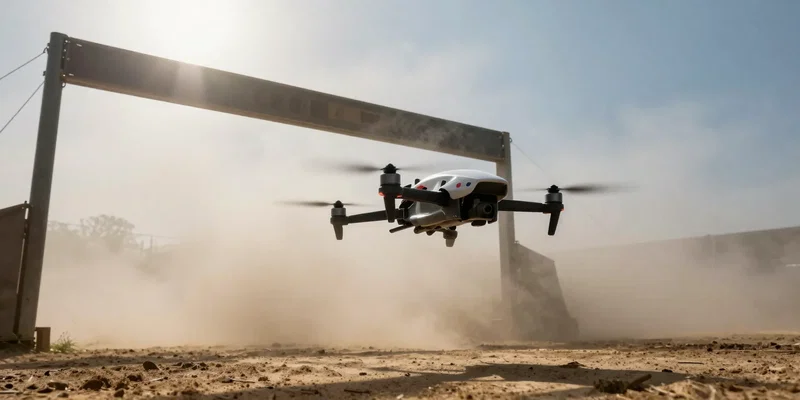 Low angle shot of a racing drone flying through a dusty race gate against a strong wind, dynamic angle, dramatic sunlight, realistic FPV drone photography --ar 16:9