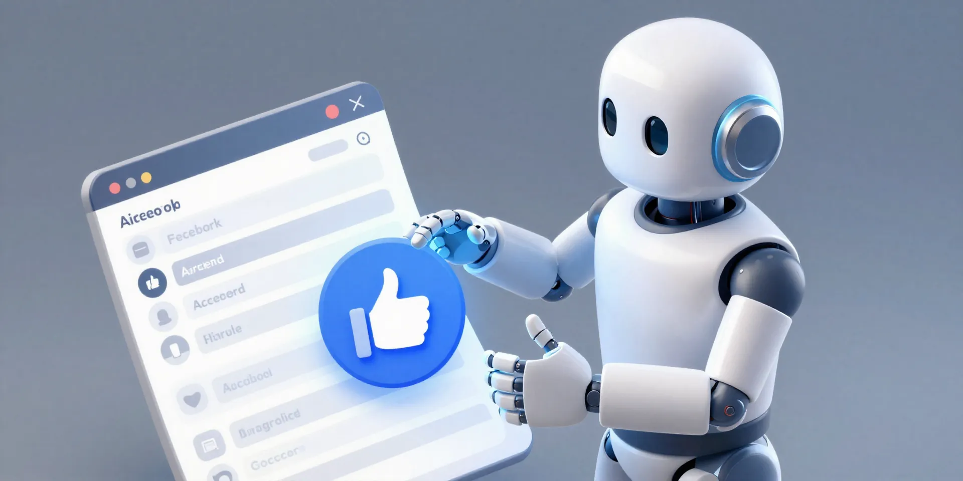 A sleek, friendly robot butler with glowing hands, gently placing a digital Facebook 'thumbs up' icon into a neat, organized Airtable base, isometric 3D illustration, clean, bright, professional, soft shadows
