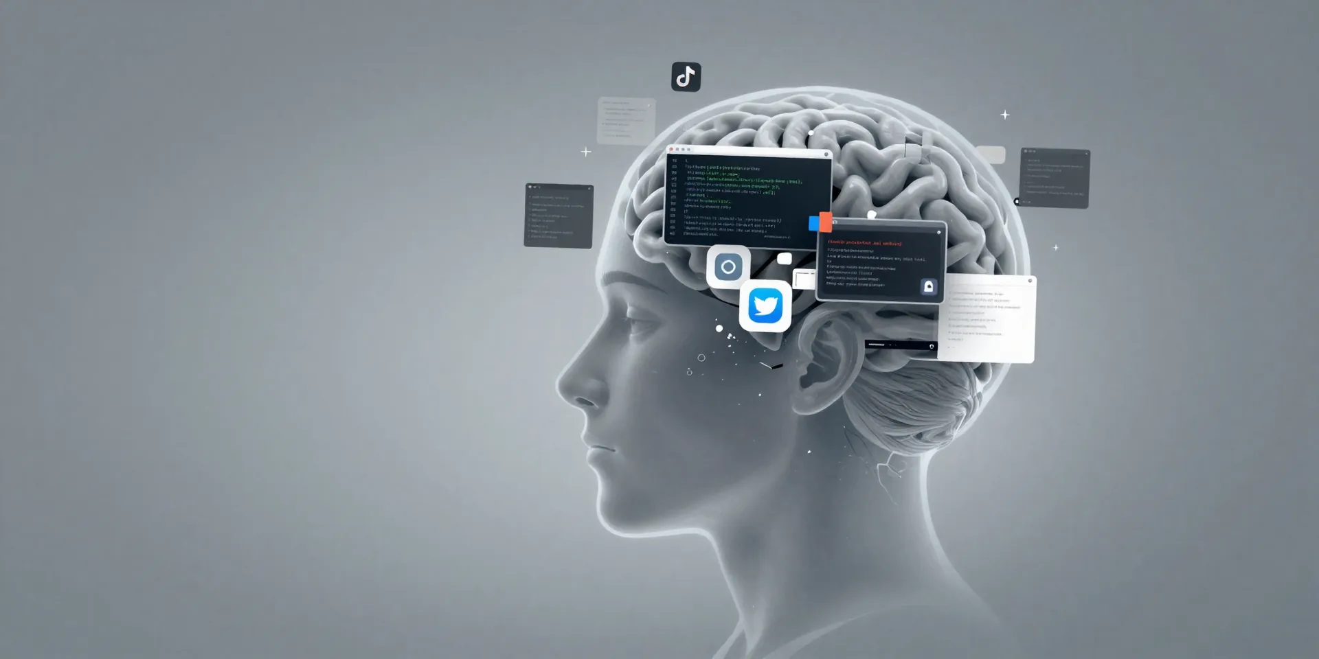 Surreal, metaphorical illustration of digital brain fog. A person's head is transparent, filled with floating, disconnected UI elements, broken code snippets, and distorted app icons in a hazy, grey mist. Clean, illustrative style.