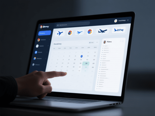 Midjourney Prompt: A minimalist, clean digital dashboard on a laptop screen. It shows multiple browser tabs with airline logos, a simple spreadsheet with dates, and a notes app with a bulleted list. A hand points to a key date. Style: Clean UI/UX design, focused and digital. Moody, focused lighting. Mood: Productive, efficient, strategic. --ar 16:9