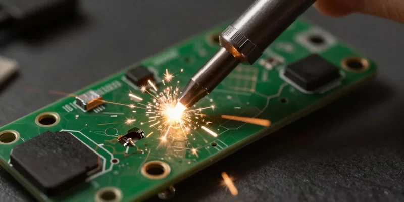 Glowing hot soldering iron tip melting silver solder onto a green PCB drone flight controller, macro shot, sparks, moody warm lighting, 4k, hyperrealistic --ar 16:9