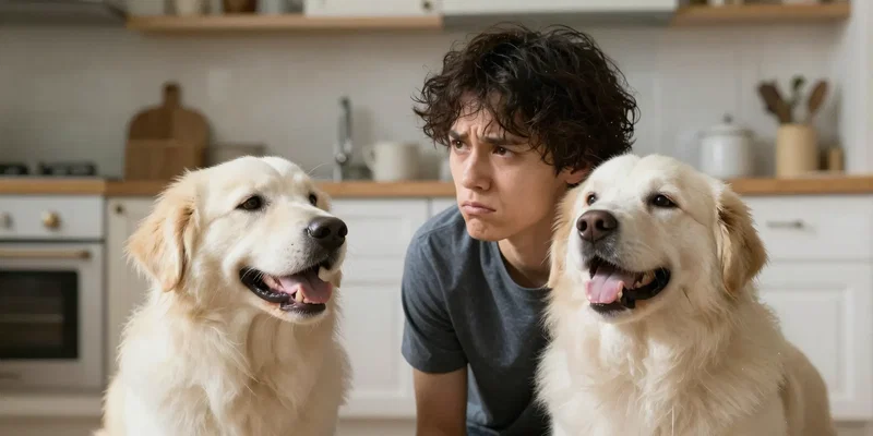 Midjourney prompt: A frustrated person looking at a happy, tail-wagging dog, the person's face is tense, the dog is oblivious, morning light in a cozy kitchen, expressive, relatable scene, photorealistic --ar 16:9