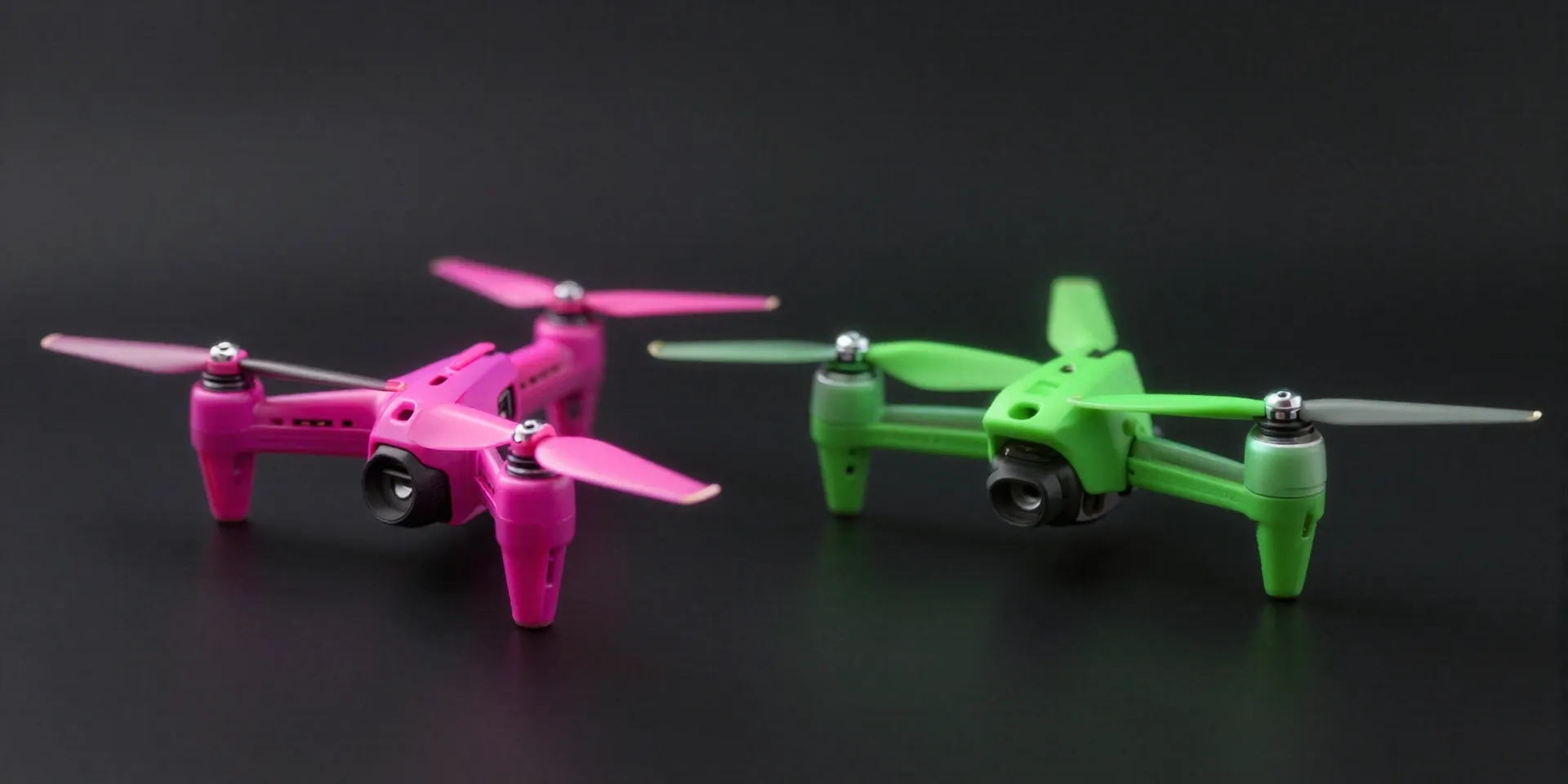 Two FPV freestyle drone propellers, one bright pink and one bright green, floating against a dark moody background with subtle smoke effects, rim lighting, hyper-realistic, studio macro photography --ar 16:9 --v 6.0