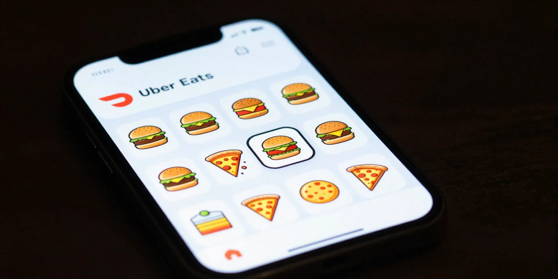 Midjourney Prompt: dramatic low-angle shot of a smartphone screen glowing, showing a food delivery app (like Doordash/Uber Eats), the screen is filled with burger and pizza icons, but one highlighted option says 