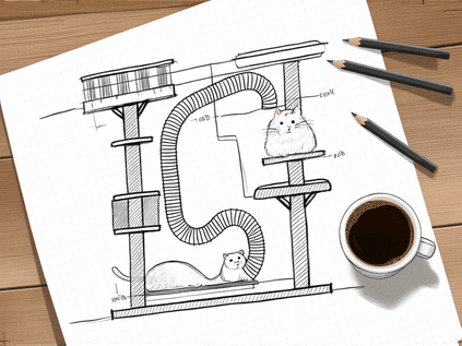 A detailed, hand-drawn sketch on graph paper showing a cross-section of a cat tree and tube network. Lines show hamster tube paths, cat perches, and support beams. Pencils and a coffee mug sit beside it. Style: Utilitarian sketch, top-down view, planning phase.