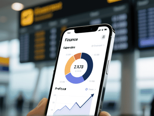 AI Image Prompt: Hyper-realistic close-up of a sleek, minimalist smartphone screen showing a simple finance app dashboard. The dashboard displays a clean pie chart for expenses and an upward-trending profit graph. Blurred background of an airport departure board. Style: Super detailed, focus on UI texture and light, macro photography, corporate minimalist.