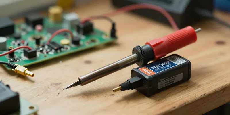 Detailed shot of a soldering iron and a smoke stopper tool plugged into a lipo battery on a messy electronic workbench with scattered wires and flux, warm workshop lighting, highly detailed --ar 16:9
