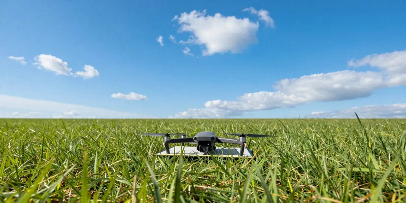 Wide-angle shot from a low perspective looking up at an open green field, a small FPV drone sitting on a landing pad, bright blue sky with a few fluffy clouds, vibrant colors, outdoor action photography --ar 16:9