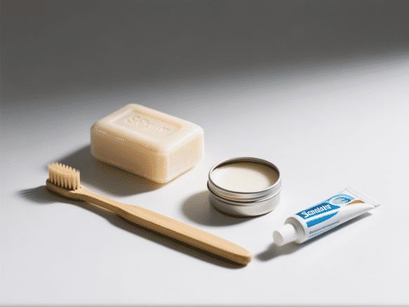Extreme close-up on four essential toiletry items against a plain background: a simple bar of soap, a bamboo toothbrush, a small tin of solid deodorant, and a miniature tube of toothpaste. Clean, sharp product photography, hyper-detailed, studio lighting -- ar 4:5 --style raw --v 6.0