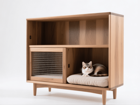 Midjourney prompt, style: modern product photography, aspect: 3:2 -- A stylish, minimalist oak bookcase where one shelf section is replaced with a wire-mesh enclosure for a ferret, and a cat is curled up on a built-in cushioned perch two levels up. Clean studio lighting, white background. Hyper-detailed. --ar 3:2