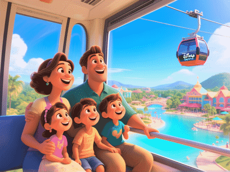 A family happily boarding a Disney Skyliner gondola in the afternoon, relief on their faces, resort views out the window