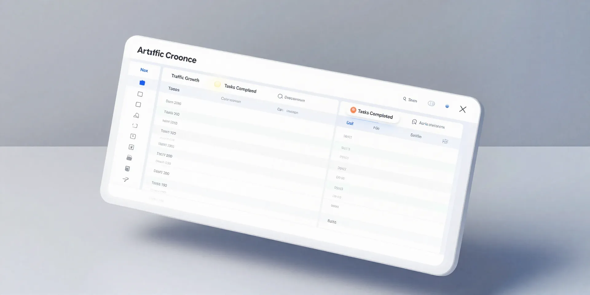 Clean, minimalist 3D render of an Airtable base interface floating in a light room. Rows of data automatically populate. Key metrics like 'Traffic Growth', 'Tasks Completed' glow subtly. Isometric view, soft UI glow, --ar 16:9 --style raw