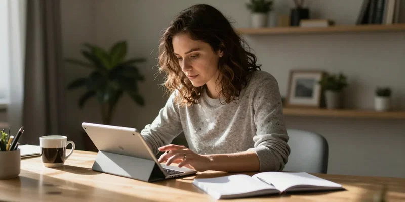Medium shot, woman in cozy home office completely absorbed in a creative project on a tablet, coffee mug cold beside her, morning light streaming in, cinematic, shallow depth of field, peaceful concentration, style of Annie Leibovitz --ar 16:9