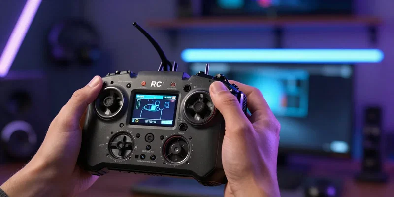 Close-up of hands holding a professional RC radio transmitter with gimbals, glowing screen, gamer setup background with neon lights, hyper-detailed --ar 16:9