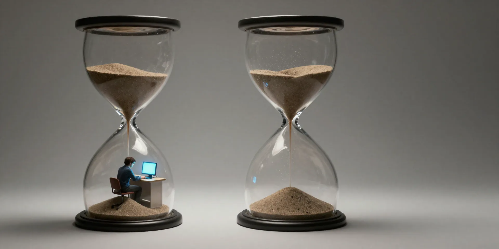 Stable Diffusion prompt: A person trapped inside a large, transparent hourglass, sitting at a tiny desk with a glowing computer. The sand above is frozen mid-fall. Melancholic, symbolic, studio lighting, muted colors, wide-angle lens.