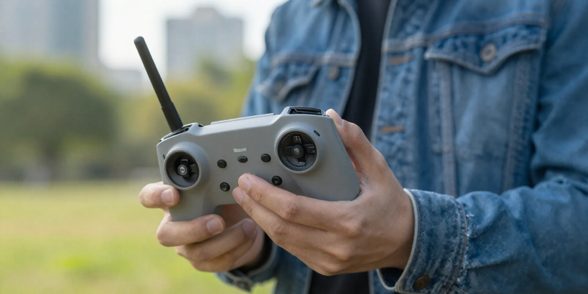 Close-up macro photography of a compact gray drone radio controller, folding antenna, held by a person wearing a denim jacket, urban park background, shallow depth of field, natural sunlight --ar 16:9