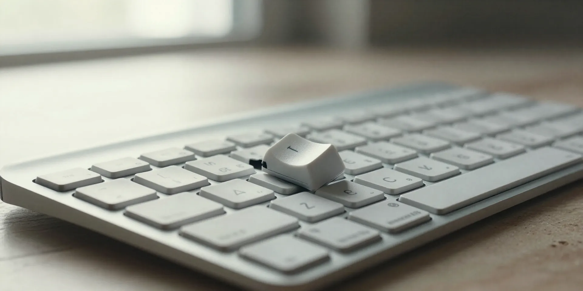 Cinematic still life, a sleek wireless keyboard with one key violently popped off lying next to it, soft morning light from a window, shallow depth of field, muted colors, photorealistic --ar 16:9