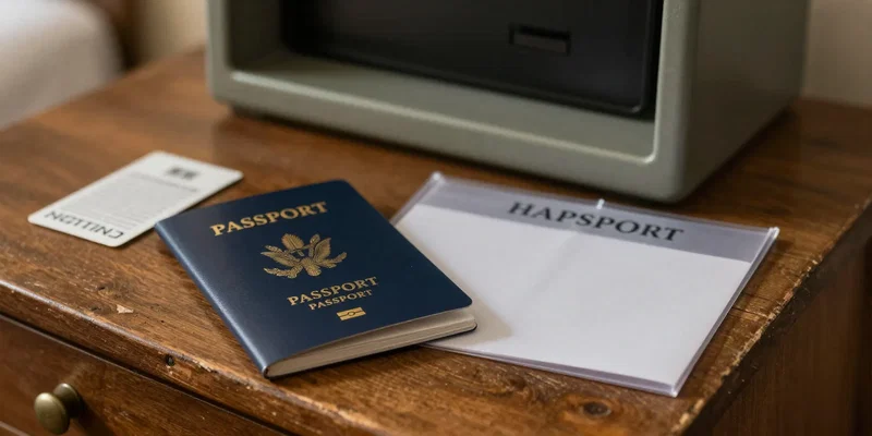A single passport rests on a weathered wooden desk next to a hotel keycard and a clear plastic document sleeve. The hotel room safe is visible and open in the soft background bokeh. Cinematic lighting, warm tones. --ar 16:9