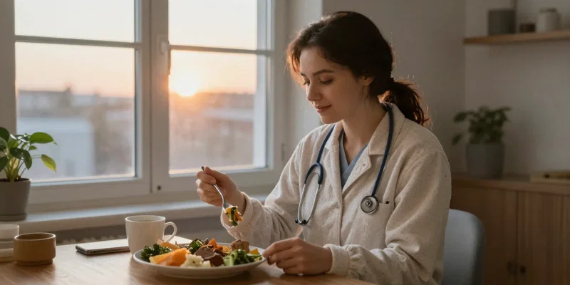 Midjourney prompt: Peaceful scene of a healthcare worker in cozy home clothes after a night shift, eating a hearty meal as the sun rises outside a window, warm morning light, content expression, lifestyle photography --ar 16:9
