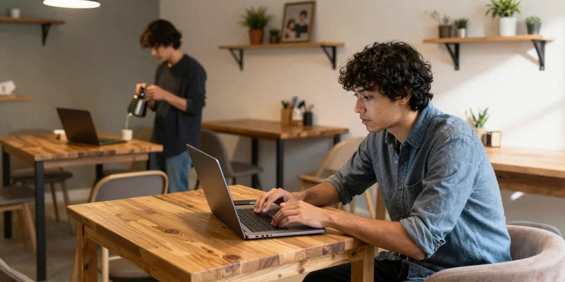 A person working on a laptop at a wooden desk in a rustic, artistic hostel common room, another person making coffee in background, warm afternoon light, cozy atmosphere, candid moment, photorealistic, wide-angle