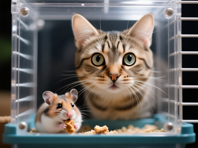 Midjourney Prompt: Hyperrealistic photograph, a cat's face pressed gently against a clear acrylic panel on a hamster cage, eyes wide with rapt curiosity, whiskers touching the barrier. The hamster inside is calmly chewing on a treat, unfazed, dramatic light rim light. --ar 16:9