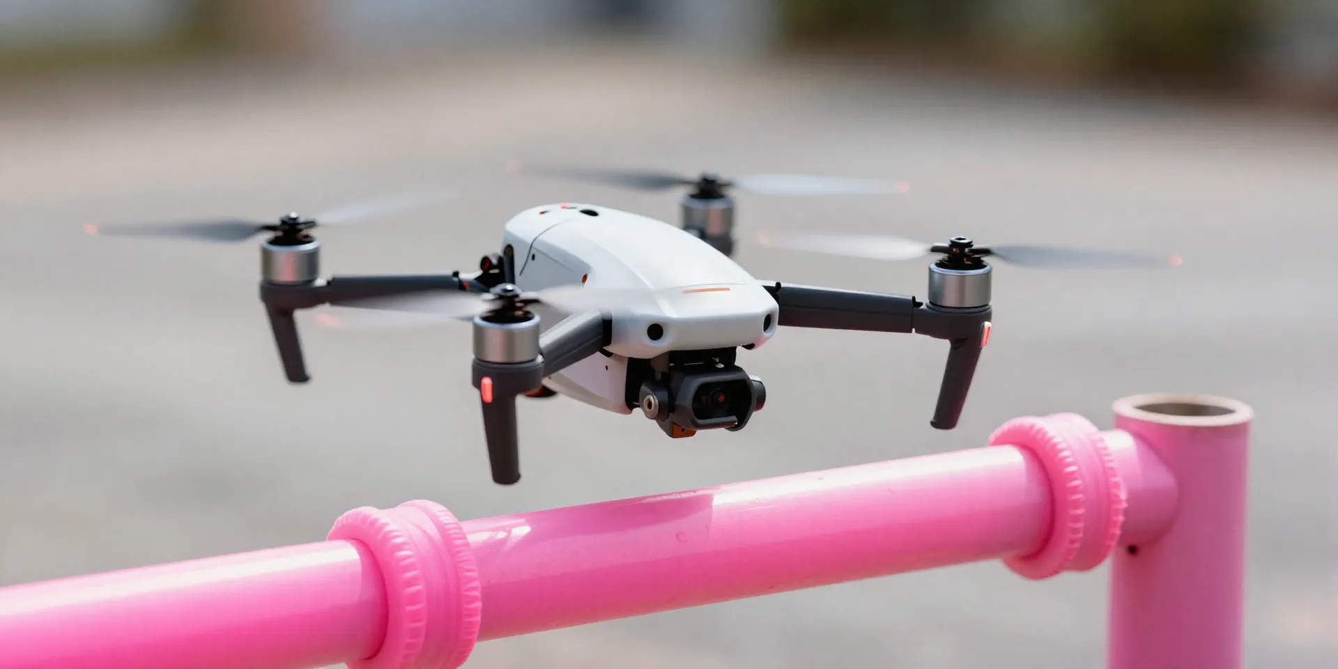 Midjourney prompt: Close-up of a racing drone hovering inches away from a bright neon pink pool noodle wrapped around a PVC pipe gate, high speed action, motion blur on the propellers, bright daylight --ar 16:9 --v 6.0