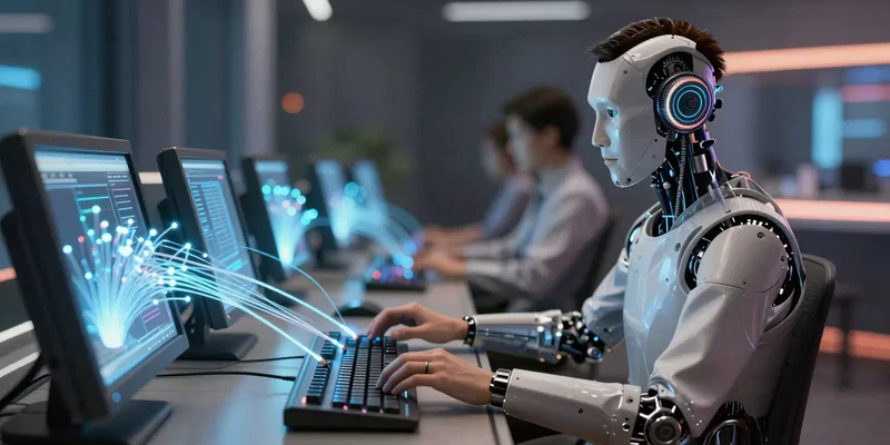 A futuristic robotic switchboard operator connecting glowing fiber optic cables, retro-futuristic, cinematic lighting, unreal engine 5 render --ar 16:9