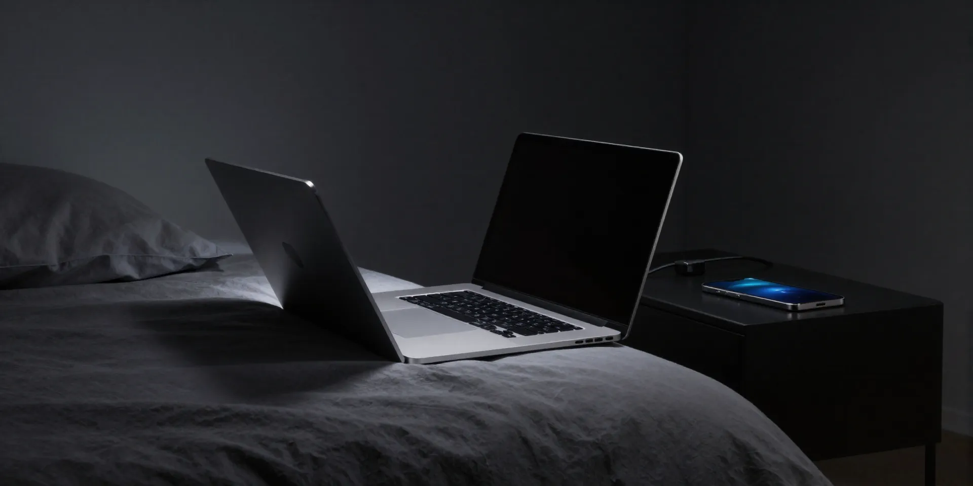 A minimalist scene of chaos. A sleek laptop open on an unmade bed, a phone charging on a nightstand. The glow from the devices is the only light source in the dark room. Style: modern digital art, soft shadows, moody atmosphere.