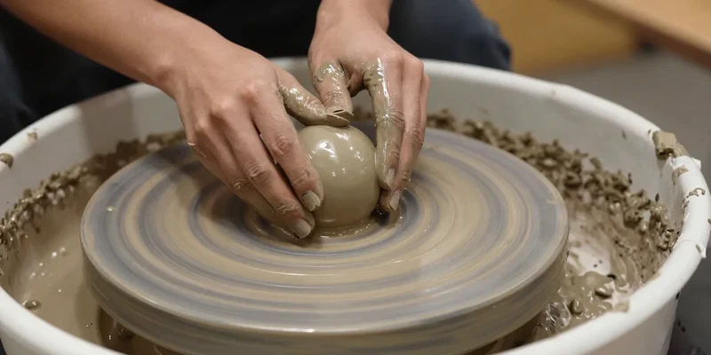 Close-up documentary photography of hands covered in wet clay opening a centered ball on a spinning pottery wheel, messy beginner studio, warm overhead lighting, cinematic depth of field --ar 16:9